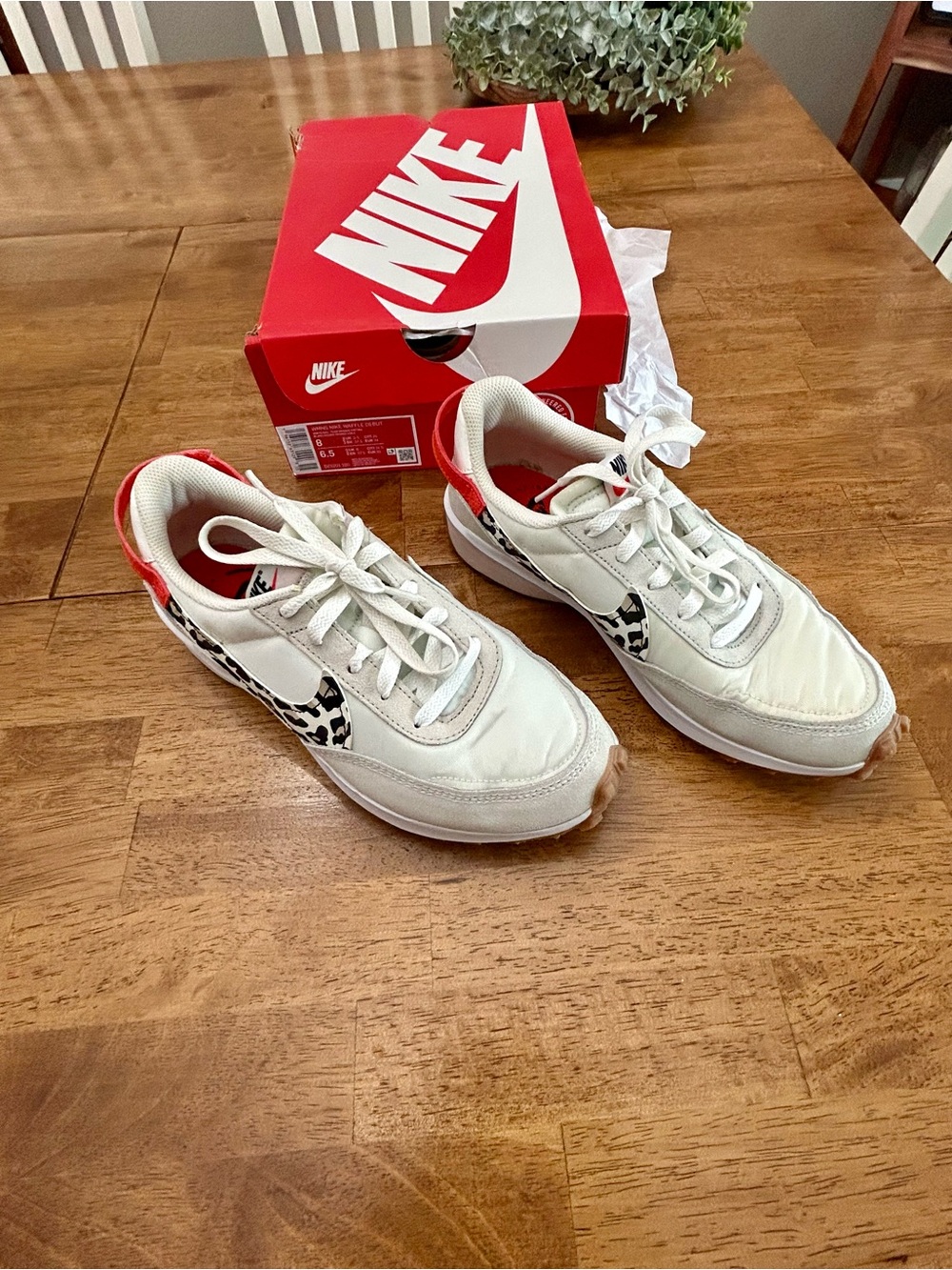 Nike Cream/White Sneakers with Black Leopard Swoosh and Red Accents